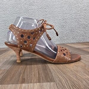 Stuart Weitzman Brown Leather Studded Laser Cut Lace Up Kitten Heel Sandals‎ 7.5